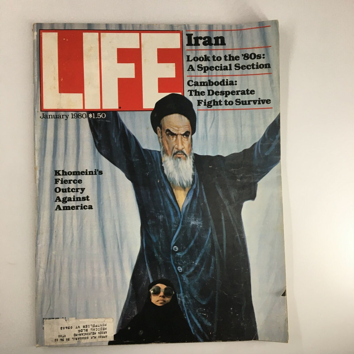 Cover of VTG Life Magazine from January 1980 featuring Khomeini's fierce outcry against America, showcasing a historical narrative with prominent imagery related to the Iranian Revolution.