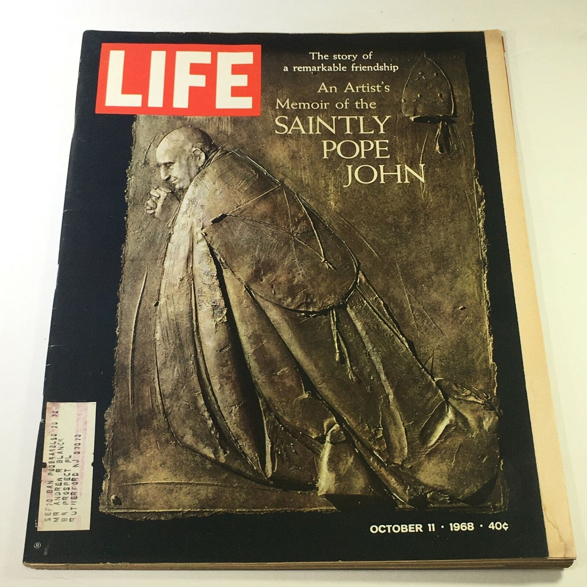 Vintage Life Magazine Cover from October 11, 1968, featuring an Artist's Memoir of the Saintly Pope John. The cover showcases a poignant artistic representation of Pope John, highlighting the relationship between art and faith.