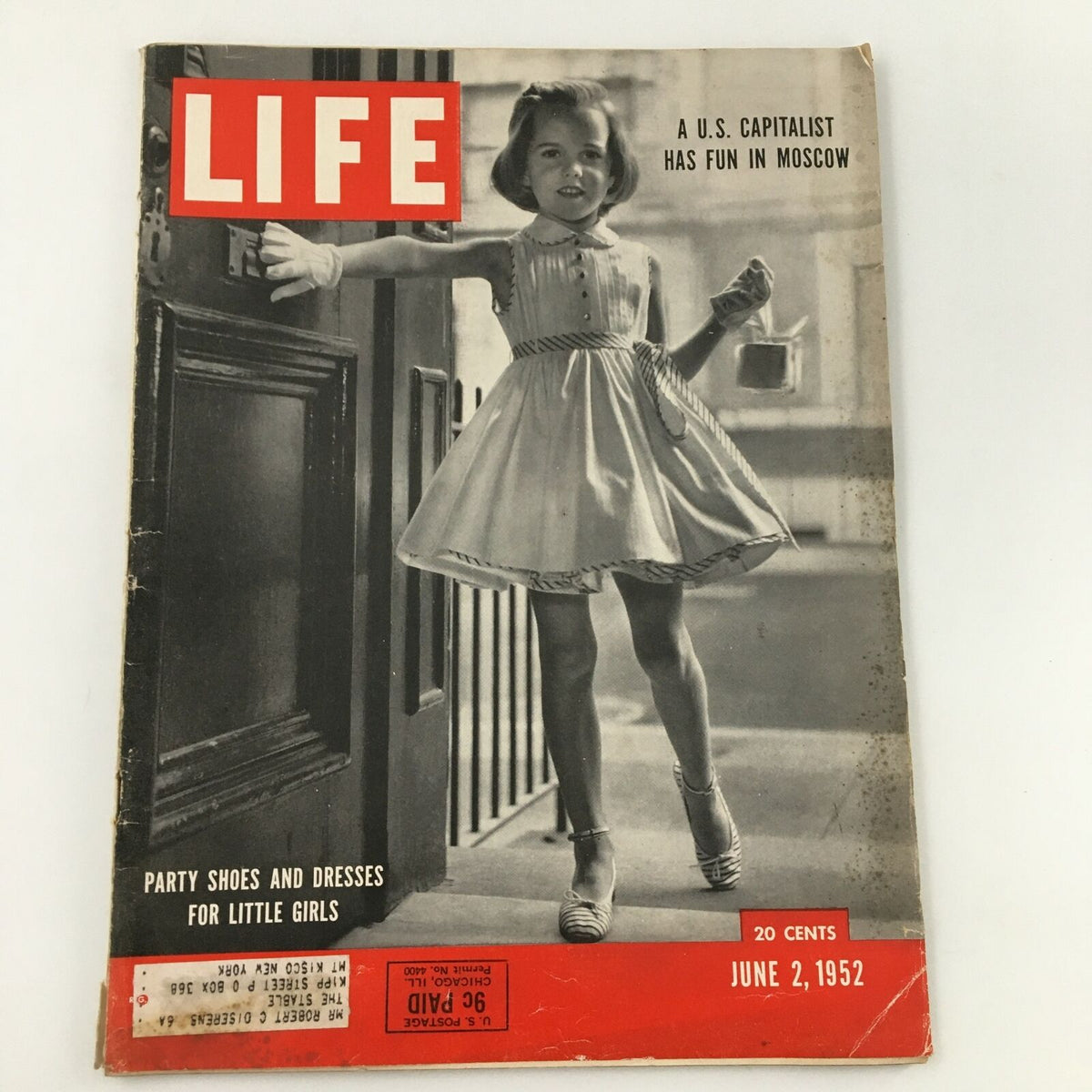 Cover of VTG Life Magazine June 2 1952 featuring a young girl in a dress, showcasing party shoes and dresses for little girls. Classic black and white photograph with vintage charm.