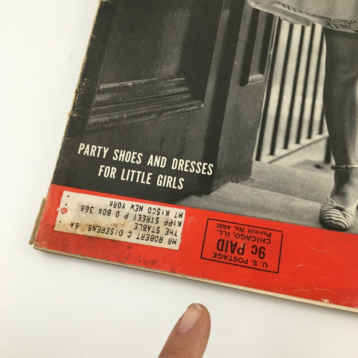Close-up view of the VTG Life Magazine June 2 1952 cover, showing the address label and details related to the party shoes and dresses for little girls.