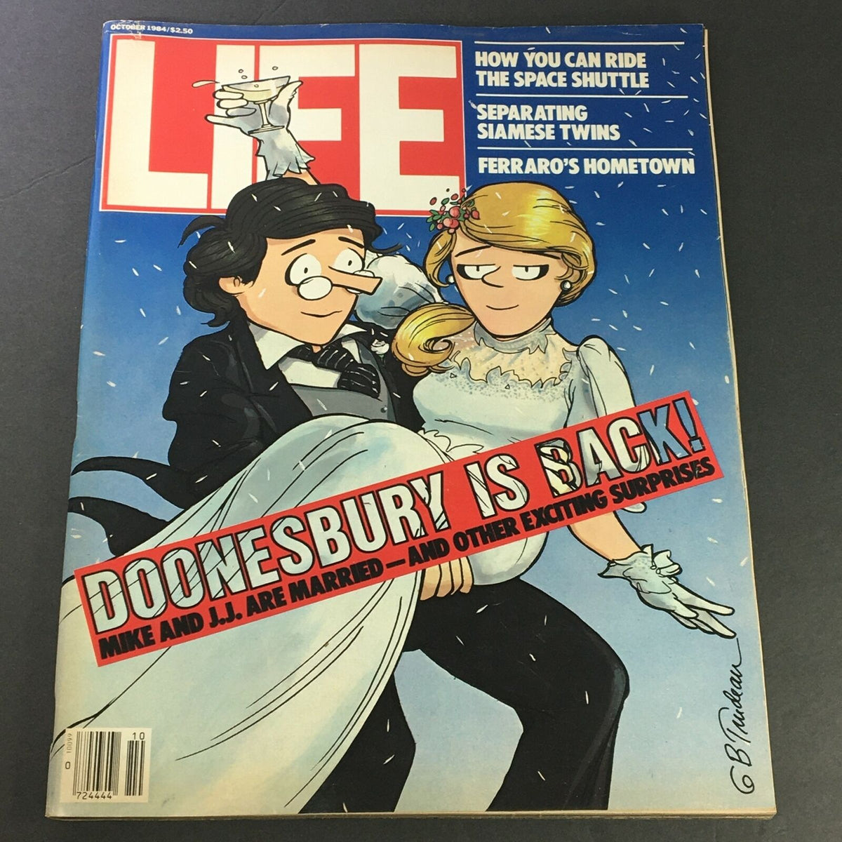 Cover of VTG Life Magazine from October 1984 featuring the Doonesbury comic strip and a depiction of a wedding scene. Highlights include articles on Ferraro's hometown and tips on riding the space shuttle.