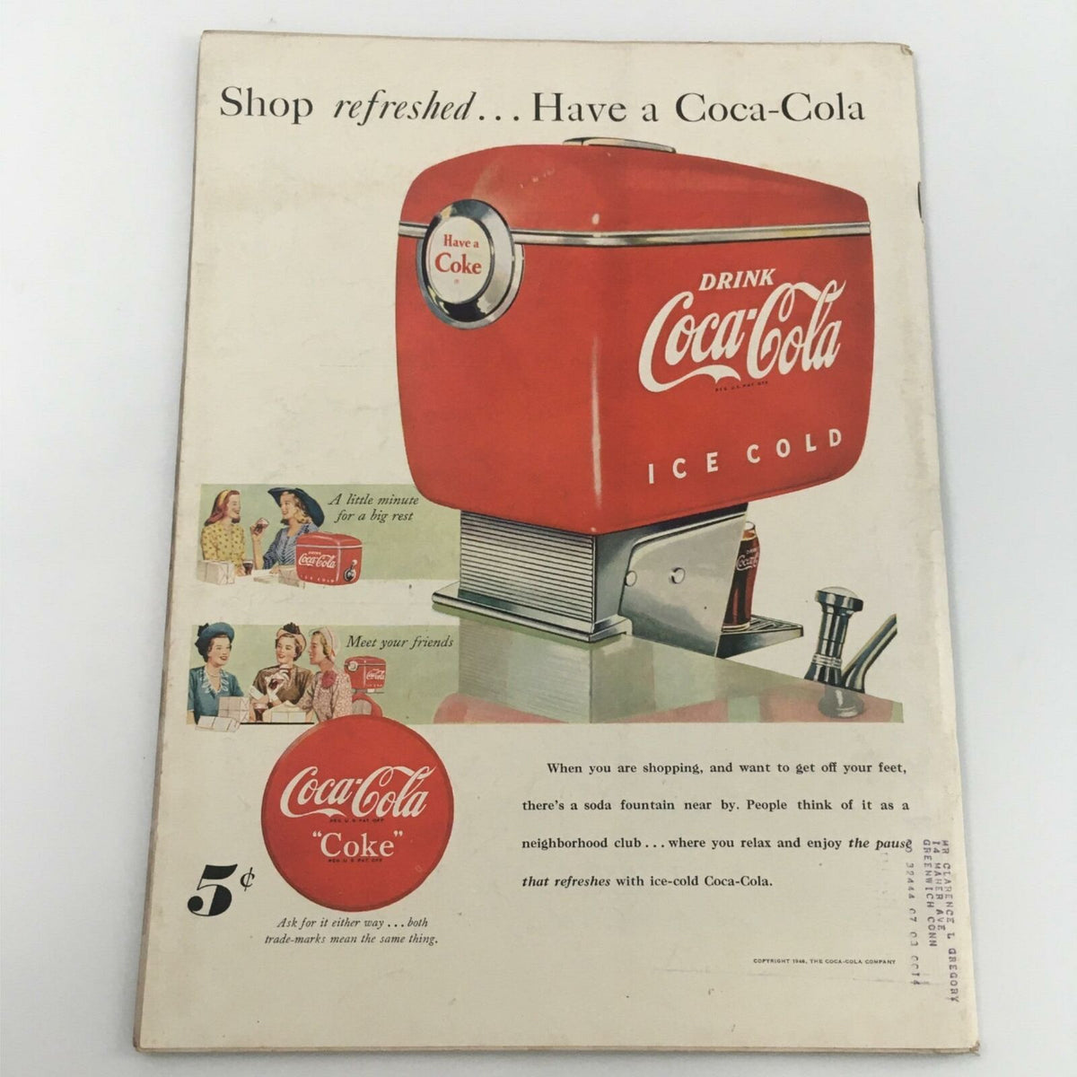 Vintage Coca-Cola advertisement featuring an ice-cold Coke machine, promoting a refreshing break. VTG Life Magazine July 26, 1948 Children's Ballet School.