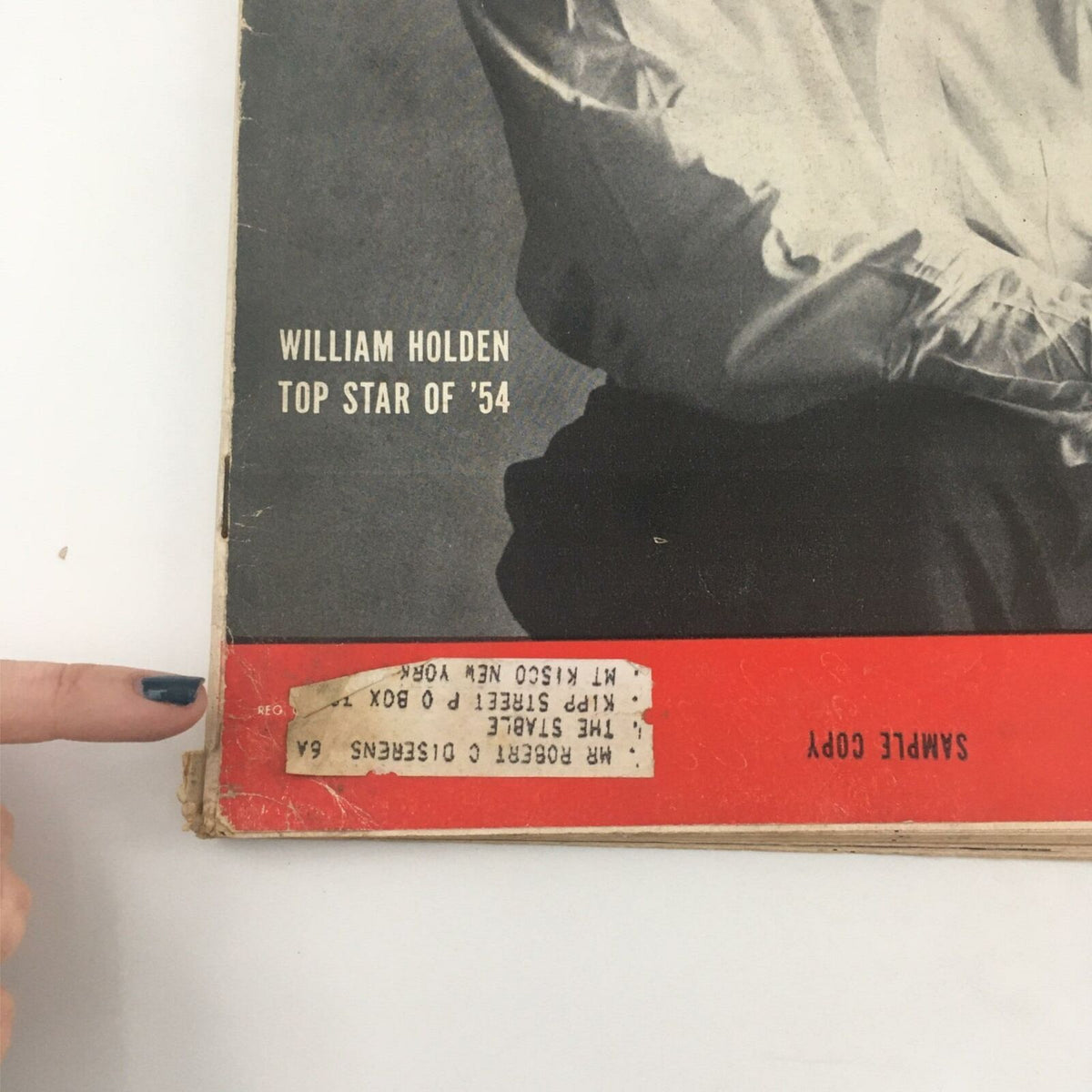 Close-up view of the VTG Life Magazine May 31, 1954 cover, displaying William Holden's name and noting it as a sample copy.