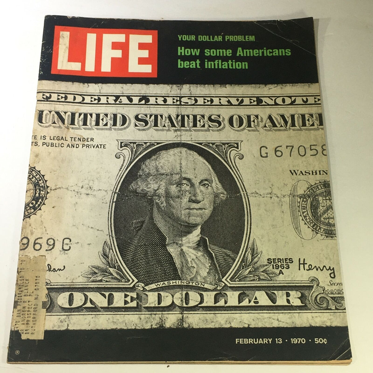 Vintage Life Magazine February 13 1970 cover featuring the headline 'Your Dollar Problem: How some Americans Beat Inflation' with an image of George Washington on a dollar bill.