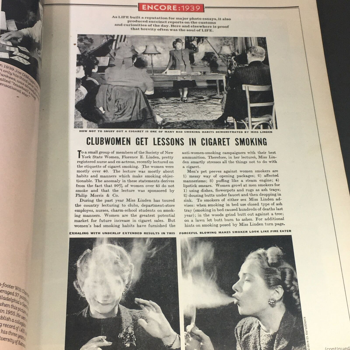 Historical page from Life Magazine September 1986, showcasing a unique article about cigarette smoking etiquette for women from 1939, reflecting societal norms of the time.