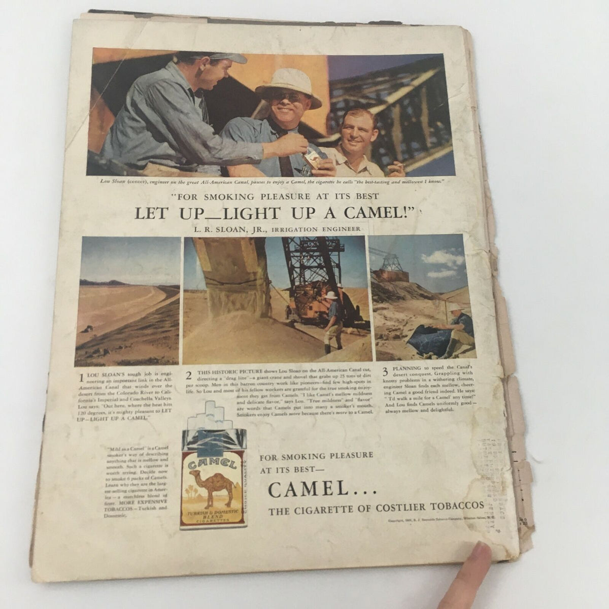Back cover of VTG Life Magazine June 5, 1939, displaying an advertisement for Camel cigarettes alongside images of workers, providing a glimpse into American culture of the late 1930s.