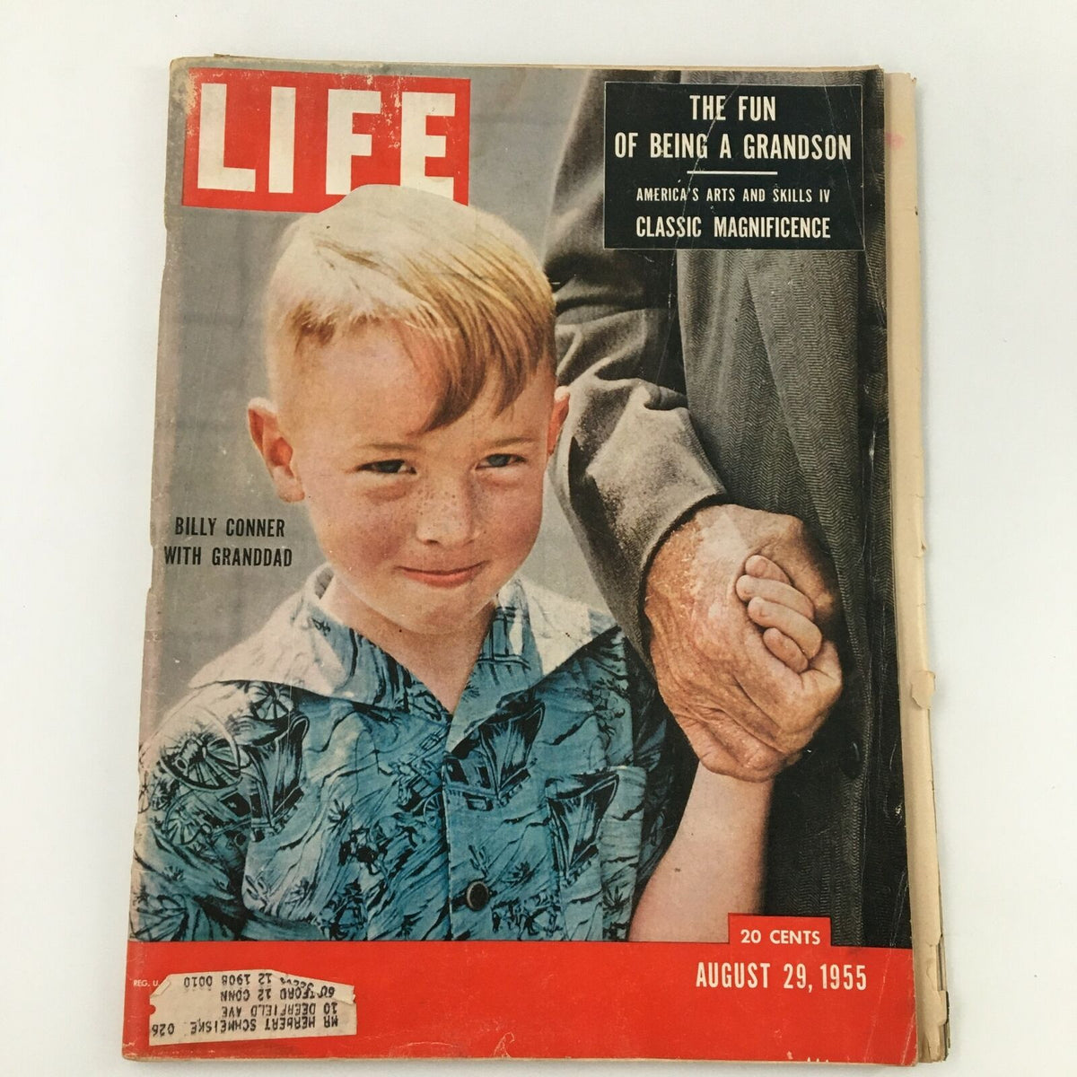 Cover of VTG Life Magazine August 29 1955 featuring Billy Conner with his granddad, showcasing a nostalgic family moment.