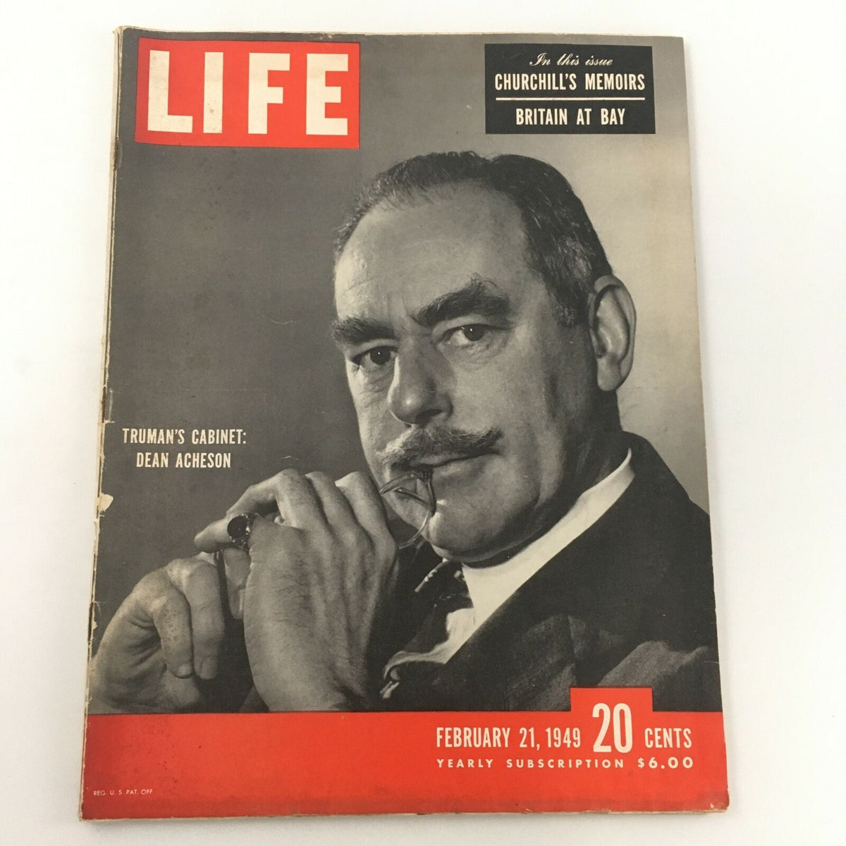 VTG Life Magazine cover from February 21, 1949, featuring Dean Acheson, a prominent figure in Truman's Cabinet, showcasing a vintage design and historical context.