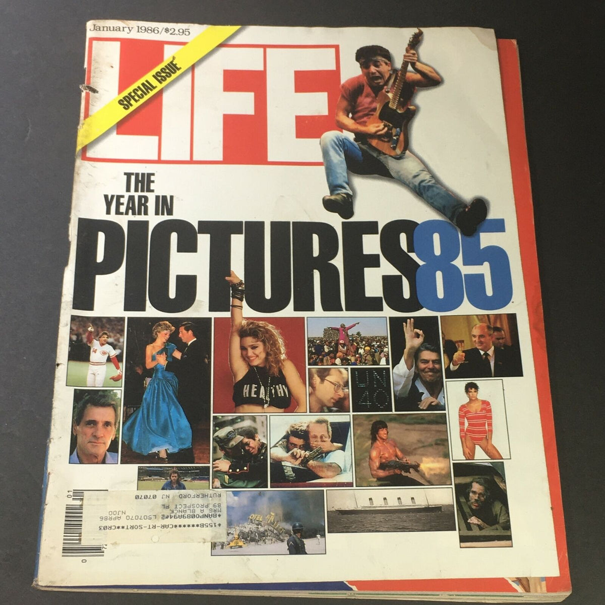 Cover of VTG Life Magazine January 1986 featuring 'The Year in Pictures 85', showcasing prominent celebrities and events, including Prince Charles, Princess Diana, and Madonna.