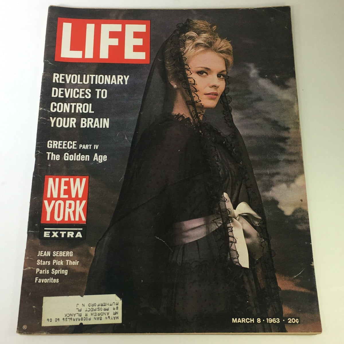 Vintage Life Magazine cover from March 8, 1963 featuring Jean Seberg and the headline 'Revolutionary Devices to Control Your Brain'. This collectible includes articles that reflect the cultural and technological landscape of the 1960s.