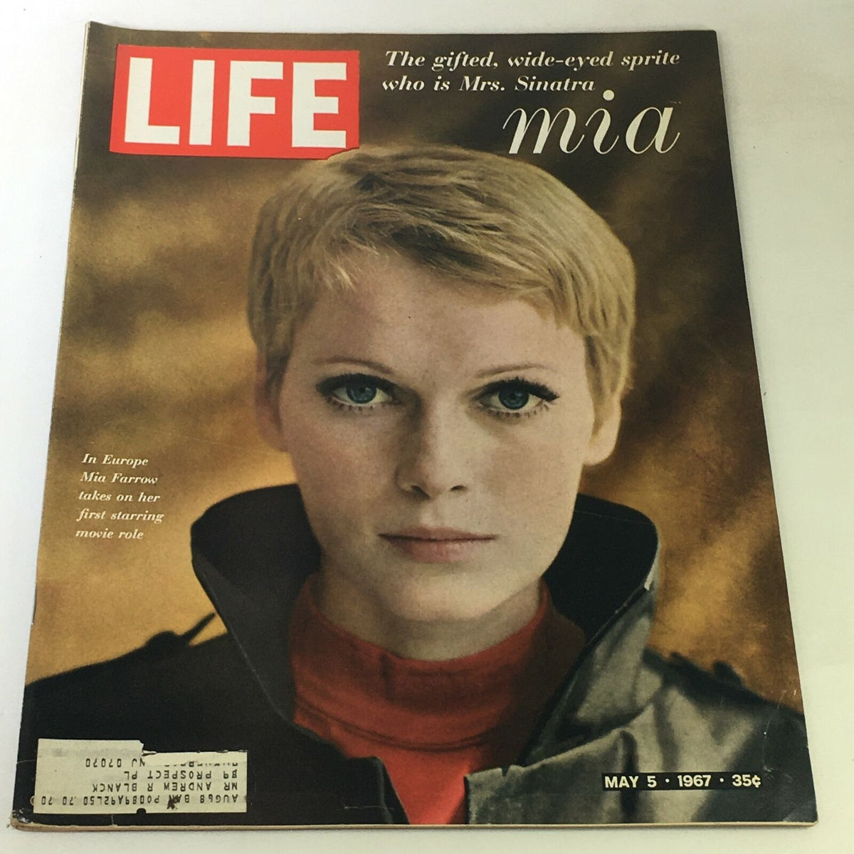 Vintage Life Magazine cover from May 5, 1967, featuring Mia Farrow, showcasing her first starring movie role in Europe.