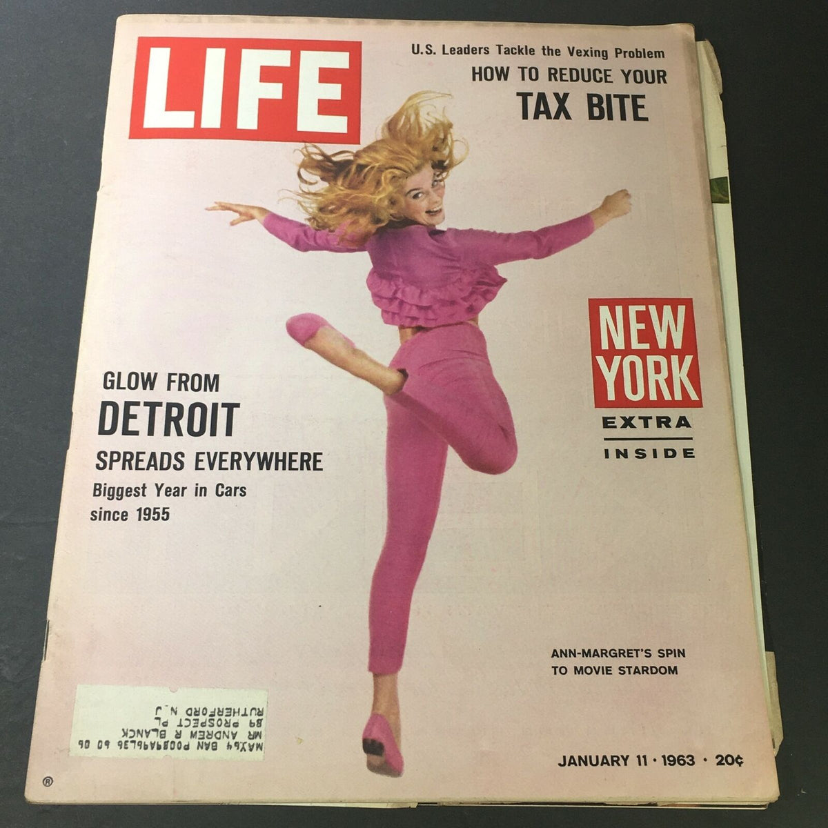 Cover of Life Magazine dated January 11, 1963 featuring Ann-Margaret's Spin to Movie Stardom, showcasing a vibrant image of a young woman in a pink outfit, highlighting the glamour of the early 1960s.