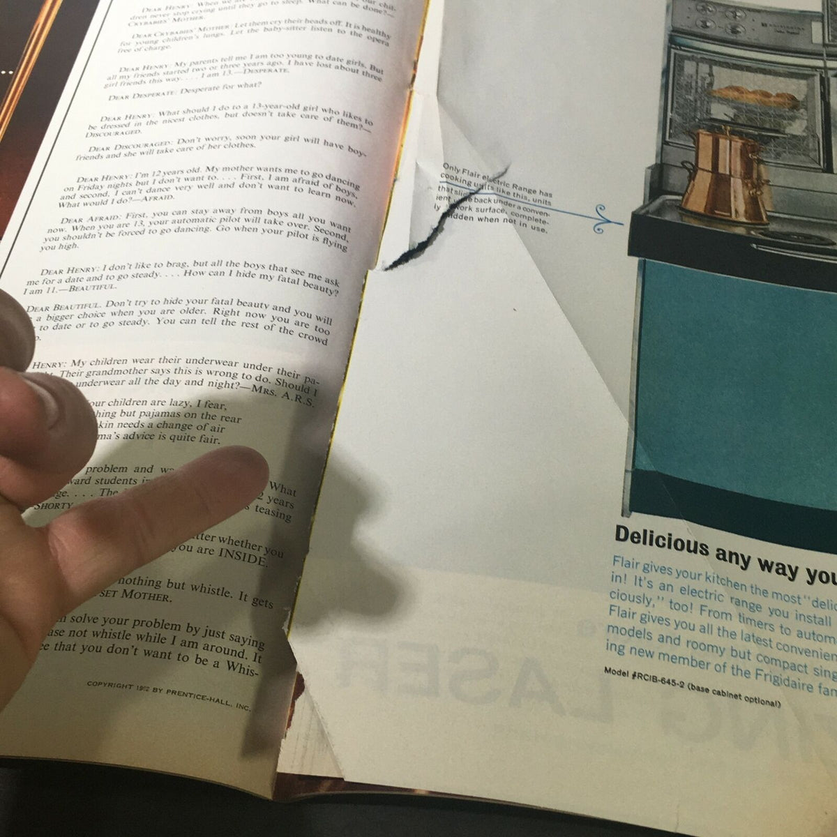 Interior pages of a vintage magazine dated January 11, 1963, showing worn pages with a visible tear and the text discussing personal advice, illustrative of the magazine's age and condition.