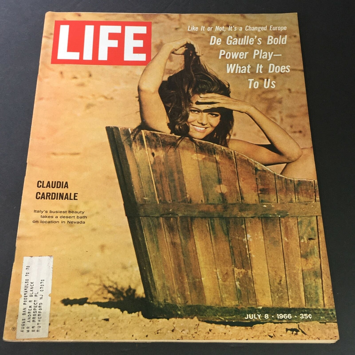 Cover of VTG Life Magazine July 8 1966 featuring Claudia Cardinale, with a caption highlighting her beauty and content about Charles De Gaulle's significant political play.