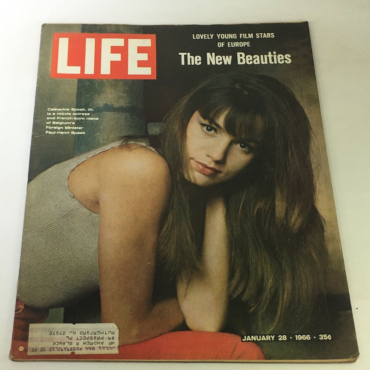 Cover of VTG Life Magazine January 28, 1966 featuring Catherine Spaak, highlighting the theme of lovely young film stars, with magazine details and a captivating image of the actress.