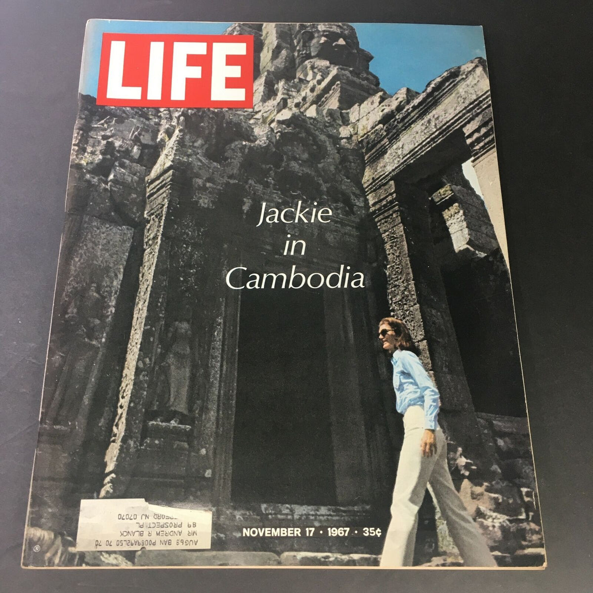 Cover of VTG Life Magazine from November 17, 1967 featuring Jackie Kennedy in Cambodia, showcasing an iconic photograph with detailed captions and a historic design.