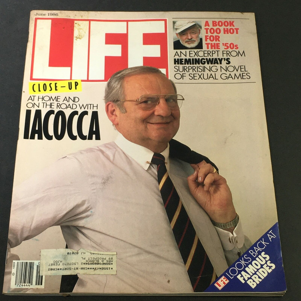 Cover of VTG Life Magazine June 1986 featuring a close-up of Lee Iacocca smiling, with details about Ernest Hemingway's excerpt on the side.