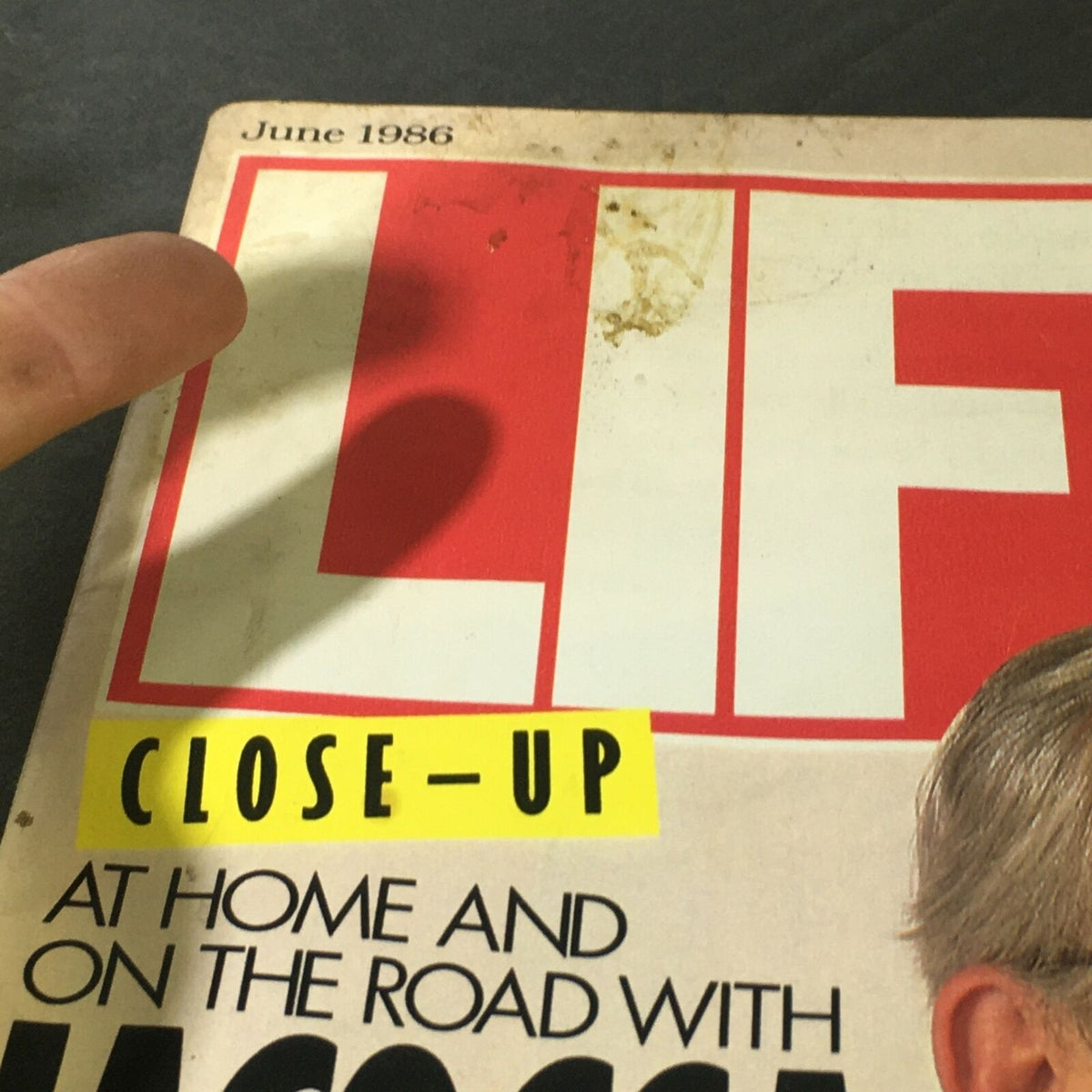 Close-up of the title section of VTG Life Magazine June 1986, highlighting the emphasis on Lee Iacocca with a hand pointing at the cover.