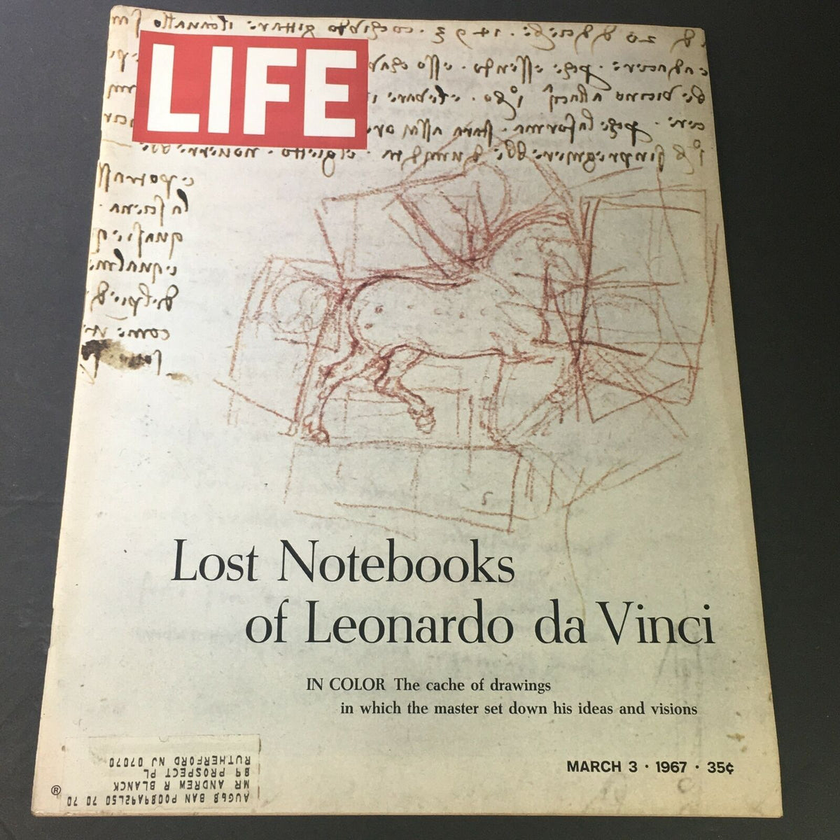 Cover of VTG Life Magazine March 3, 1967 featuring Lost Notebooks of Leonardo da Vinci in Color, showcasing a horse sketch and historical text.