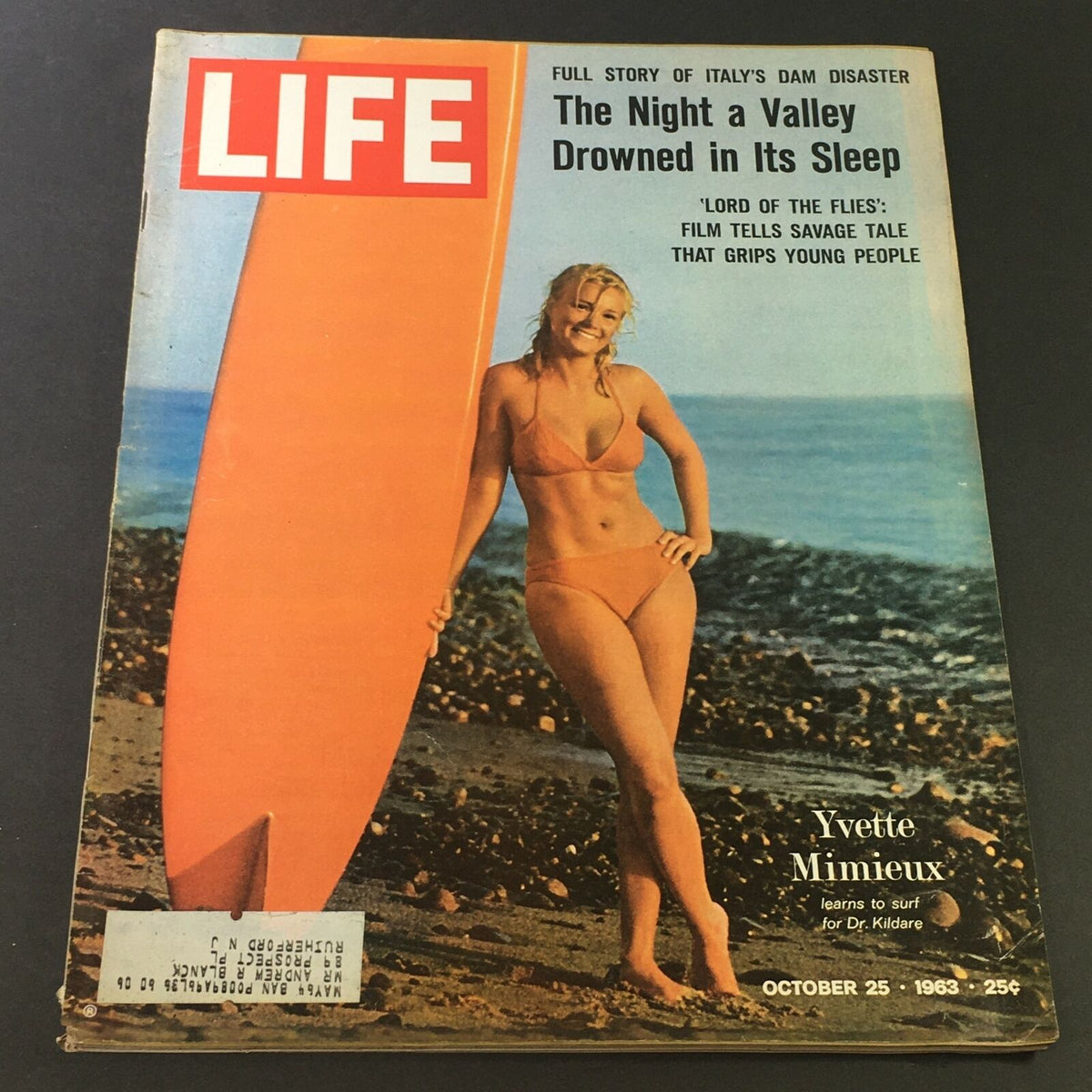 Cover of VTG Life Magazine from October 25, 1963 featuring Yvette Mimieux in a bikini with a surfboard on the beach; highlights the Italy Dam disaster story and cultural articles of the era.