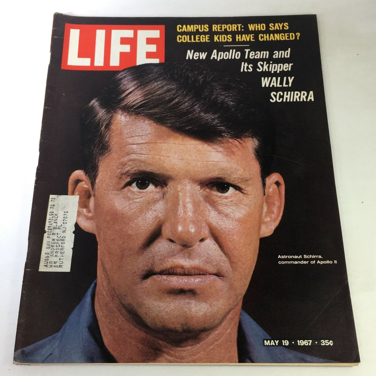 Cover image of VTG Life Magazine from May 19, 1967 featuring Wally Schirra, Apollo II Commander. The magazine displays bold lettering and a portrait of Schirra, capturing a historical moment in space exploration.