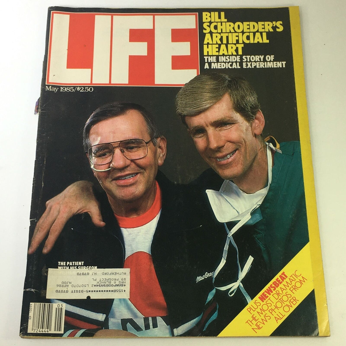 Cover of VTG Life Magazine May 1985 featuring Bill Schroeder's Artificial Heart medical experiment. The image shows a smiling patient Bill Schroeder with his surgeon, highlighting a significant moment in medical history.