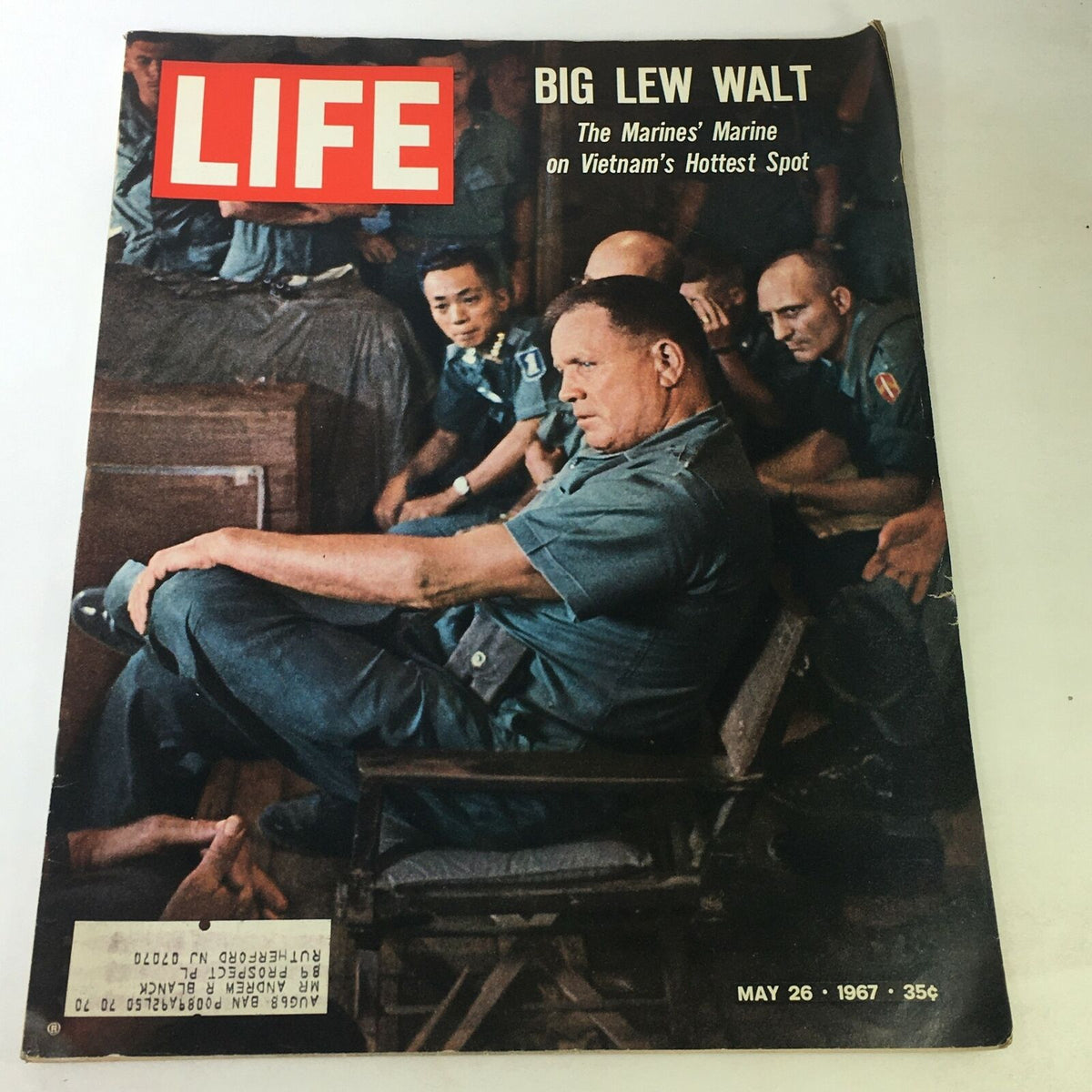 Cover of VTG Life Magazine dated May 26, 1967, featuring Big Lew Malt, titled 'The Marine's Marine on Vietnam's Hottest Spot'. The image shows servicemen in military attire gathered around, highlighting a significant moment in Vietnam War history.