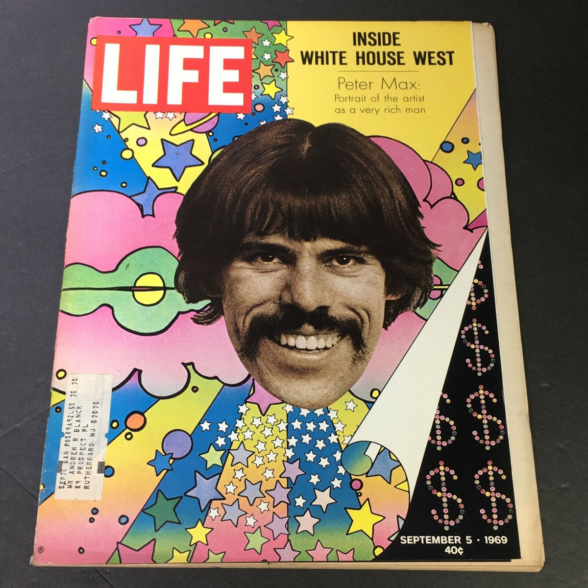 VTG Life Magazine September 5 1969 featuring Peter Max's Portrait Of A Very Rich Man, showcasing vibrant psychedelic art and unique cultural elements of the late 1960s.