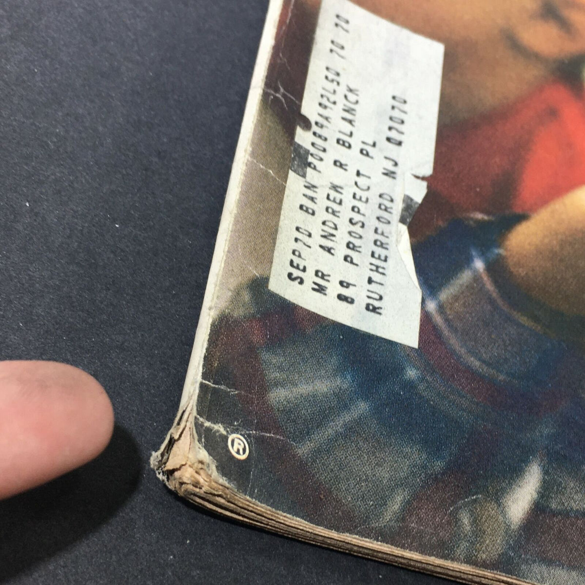 Edge of the back cover of VTG Life Magazine from September 19, 1969, showing a vintage address label and wear.