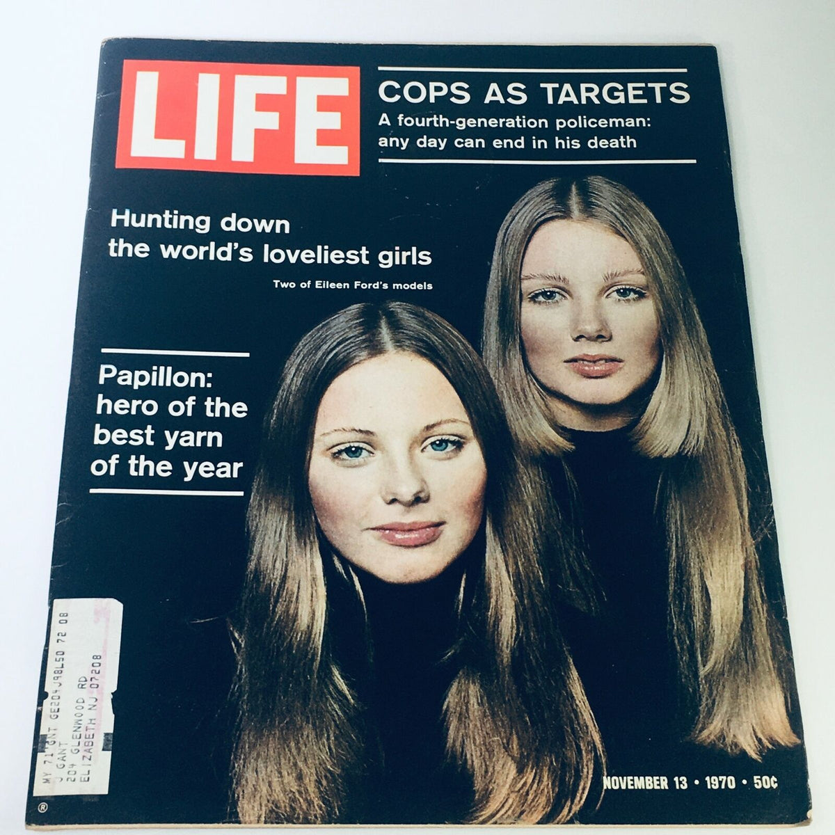Vintage Life Magazine cover from November 13, 1970 featuring Eileen Ford's models, highlighting cultural fashion themes and Papillon Best Yarn.