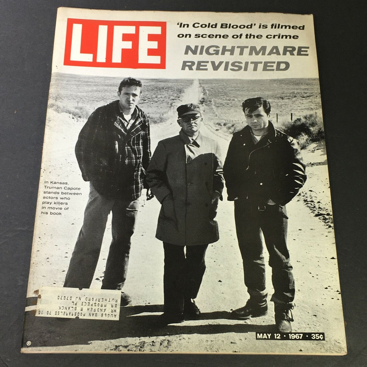 Cover of VTG Life Magazine May 12, 1967, featuring a black and white photograph of actors and Truman Capote on the set of 'In Cold Blood'. The title 'Nightmare Revisited' is prominently displayed, capturing the essence of true crime storytelling in classic American journalism.
