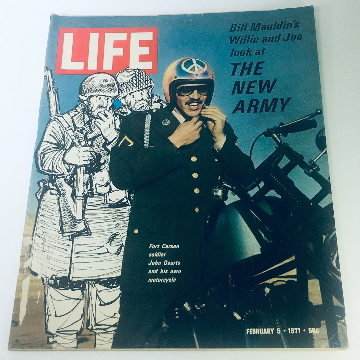 Cover of VTG Life Magazine February 5 1971 featuring Fort Carson Soldier John Geurts and the theme 'The New Army', with an illustration of soldiers in the background.
