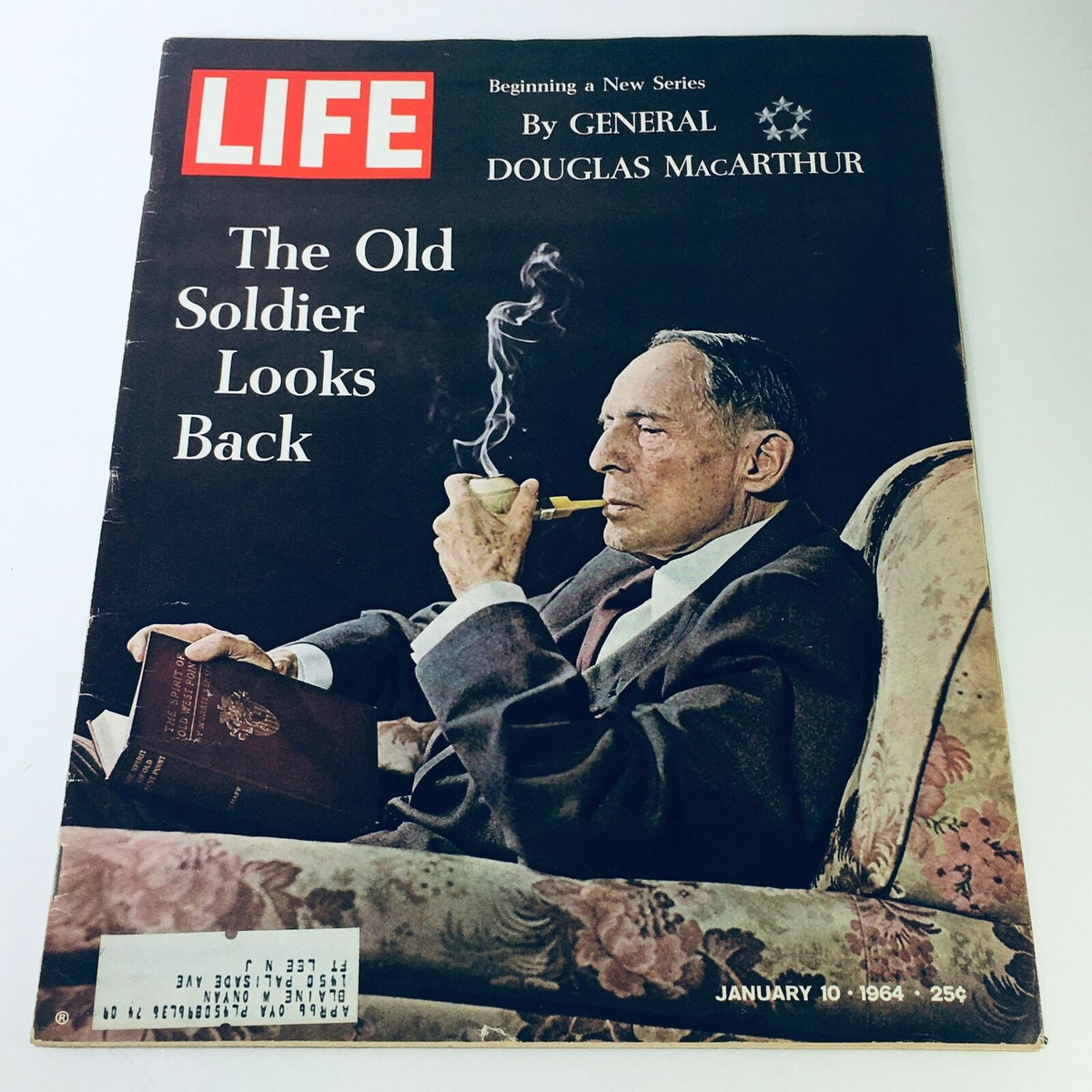 Vintage Life Magazine cover from January 10, 1964, featuring General Douglas MacArthur with the title 'The Old Soldier Looks Back'. The magazine showcases MacArthur in a contemplative pose, smoking a pipe.