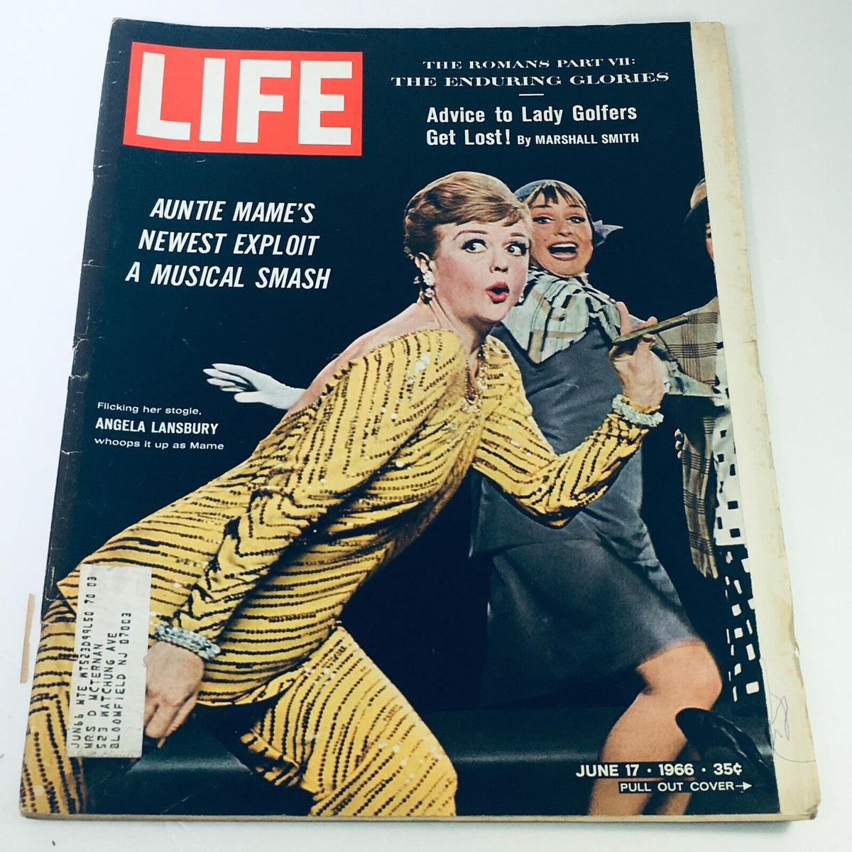Cover of VTG Life Magazine July 17, 1966 featuring Angela Lansbury as Mame in a striking yellow outfit, celebrating the musical smash hit.