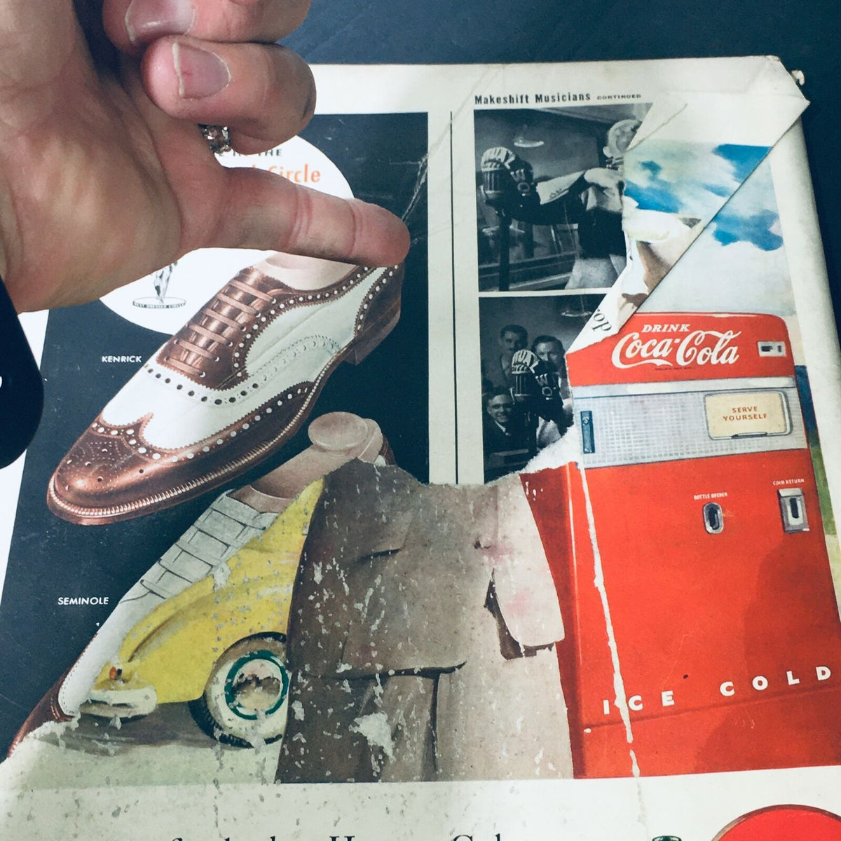 Close-up view of the damaged cover of VTG Life Magazine May 3 1948 featuring a vintage shoe advertisement and details from the magazine's back cover, showing signs of wear and tear.