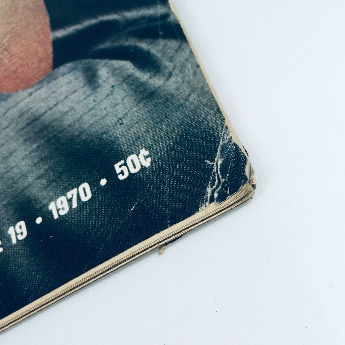 Close-up of the corner of VTG Life Magazine June 19 1970, highlighting minor wear and tear, including fraying and marks.