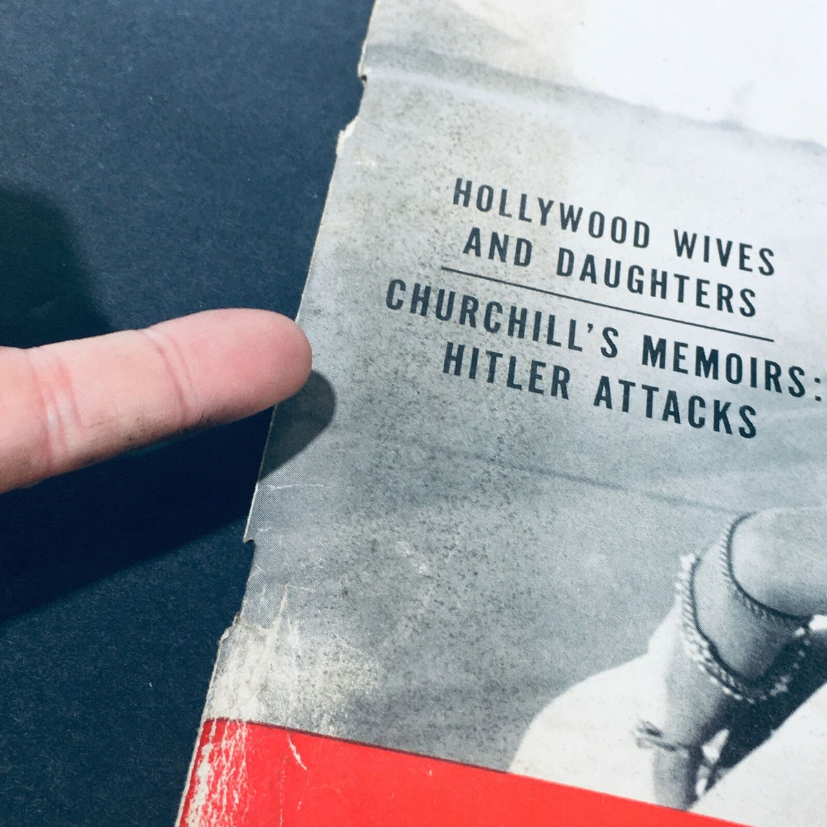 Detailed view of the VTG Life Magazine May 17, 1948 cover, highlighting text on Hollywood wives and Churchill's memoirs along with visible wear marks.
