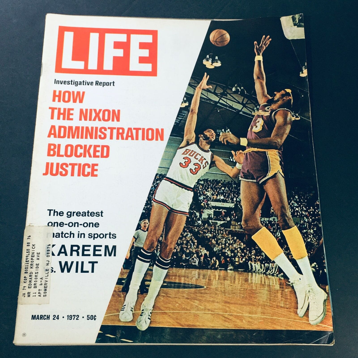 Vintage Life Magazine cover from March 24, 1972, featuring the epic basketball matchup of Kareem Abdul-Jabbar and Wilt Chamberlain, showcasing historical sports moments.