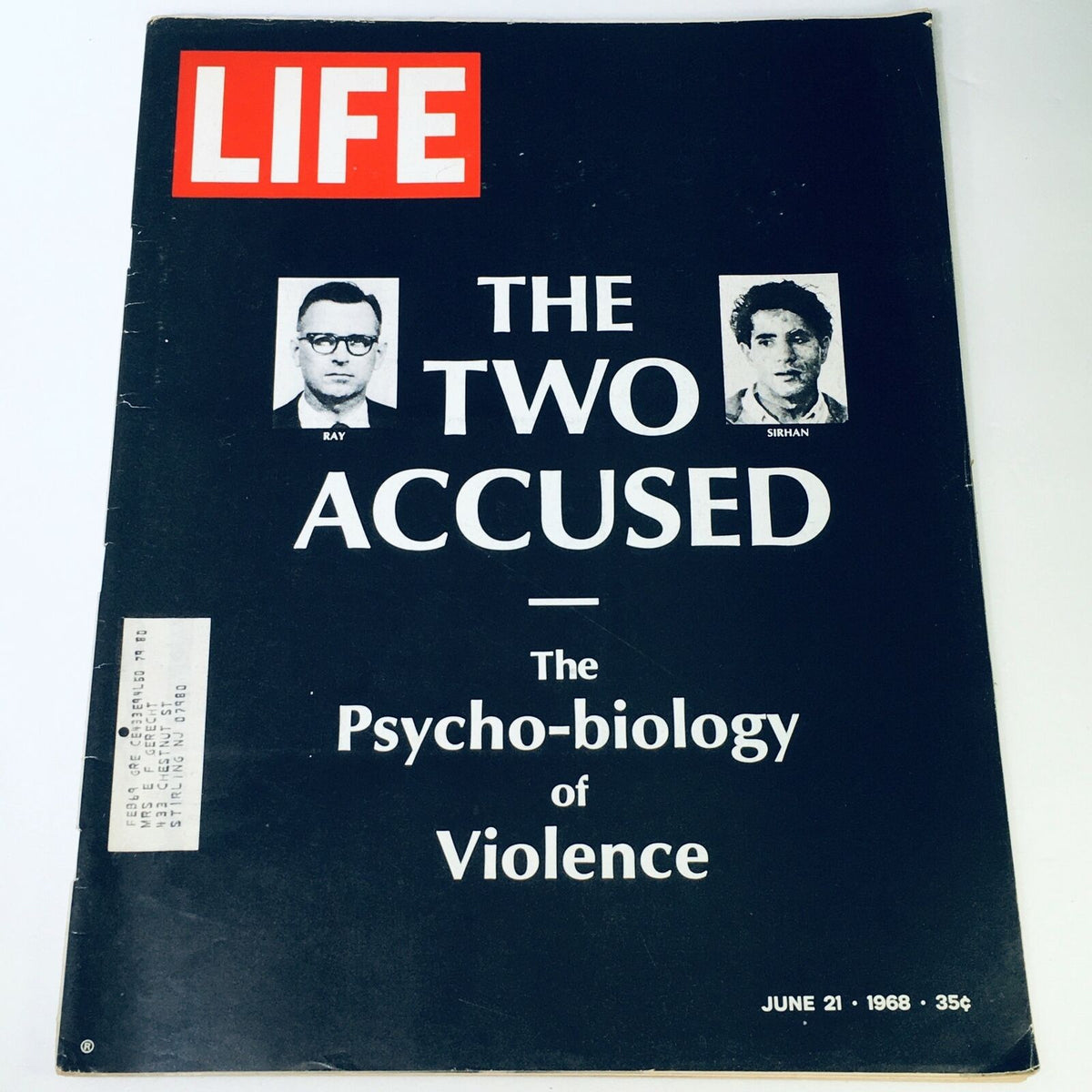 VTG Life Magazine June 21, 1968 cover featuring two accused individuals, Ray and Sirhan, with the title 'The Psycho-biology of Violence' prominently displayed.
