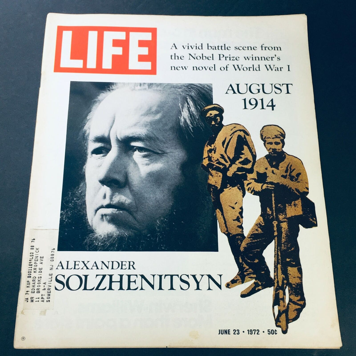 VTG Life Magazine June 23, 1972 featuring Nobel Prize Winner Alexander Solzhenitsyn on the cover, showcasing a dramatic portrayal of the author alongside themes from World War I.