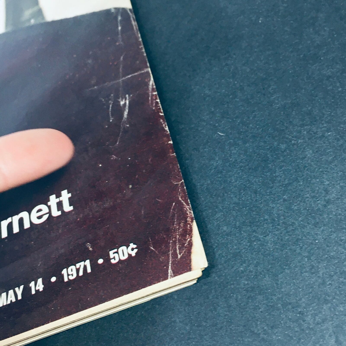 Close-up image of the edge of the May 14, 1971 edition of VTG Life Magazine featuring Mrs. Joe Hamilton, alias Carol Burnett, showing minor wear and a finger pointing to the title.