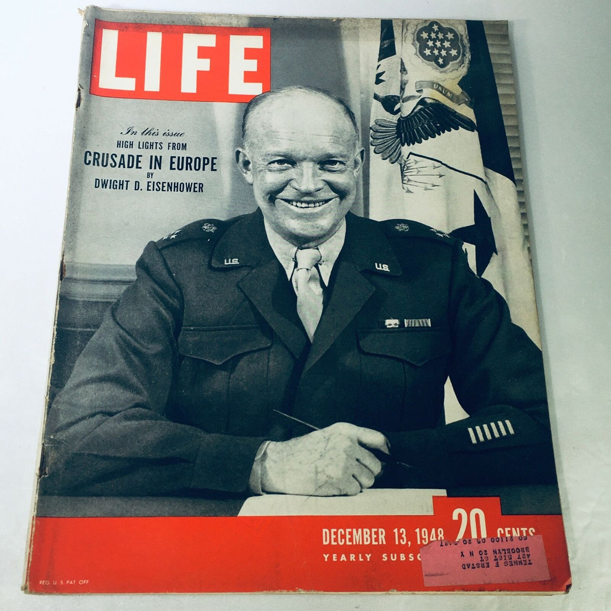 Cover of VTG Life Magazine December 13 1948 featuring Dwight D. Eisenhower with the title 'Crusade in Europe', showcasing a historical photograph and red and white typography.