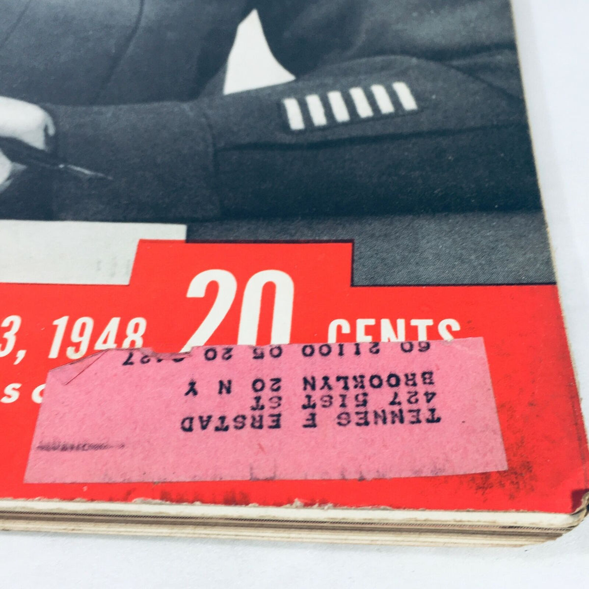 Detail of address label on VTG Life Magazine December 13 1948, covering the title 'Crusade in Europe' by Dwight D. Eisenhower, highlighting its collectibility.