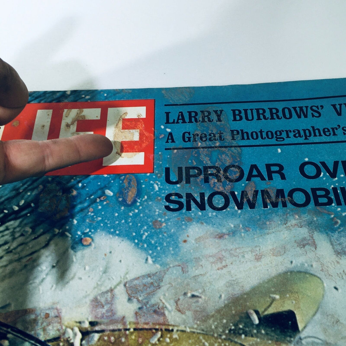 Close-up of the title and details on the cover of VTG Life Magazine February 26 1971, showcasing the iconic Life logo and the headline about snowmobiles.