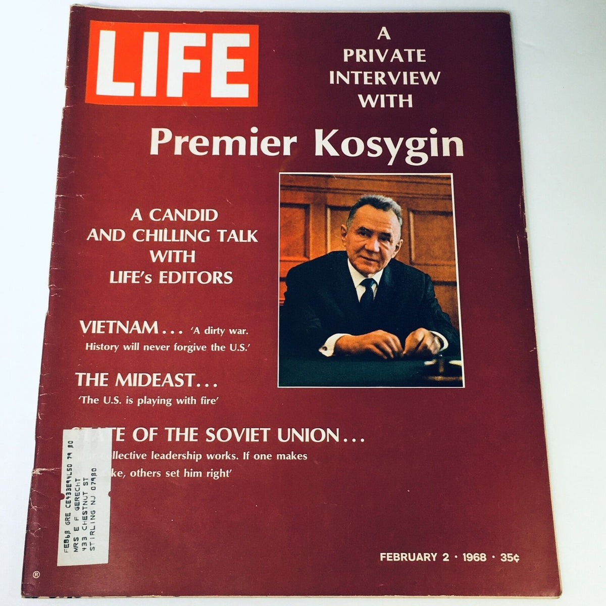 VTG Life Magazine cover from February 2, 1968 featuring a private interview with Premier Alexei Kosygin. The cover highlights significant topics such as Vietnam and the Soviet Union, showcasing a portrait of Premier Kosygin.