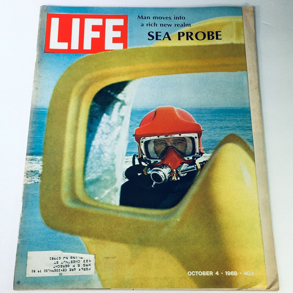 Cover of VTG Life Magazine from October 4, 1968 featuring the title 'Man Moves Into A Rich New Realm' and the highlights 'Sea Probe'. The image shows a diver in an orange helmet reflected in a yellow frame.