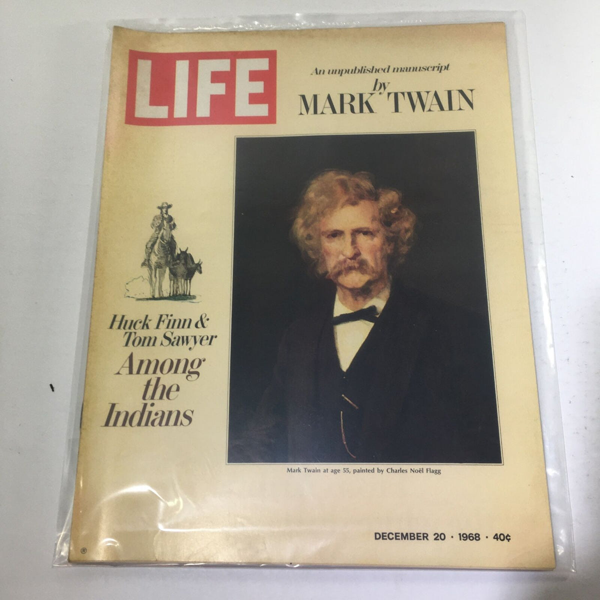 Vintage Life Magazine from December 20, 1968, featuring Mark Twain on the cover with the title 'An unpublished manuscript by Mark Twain: Huck Finn & Tom Sawyer Among the Indians'. The cover showcases a portrait of Mark Twain, highlighting his historical significance in American literature.