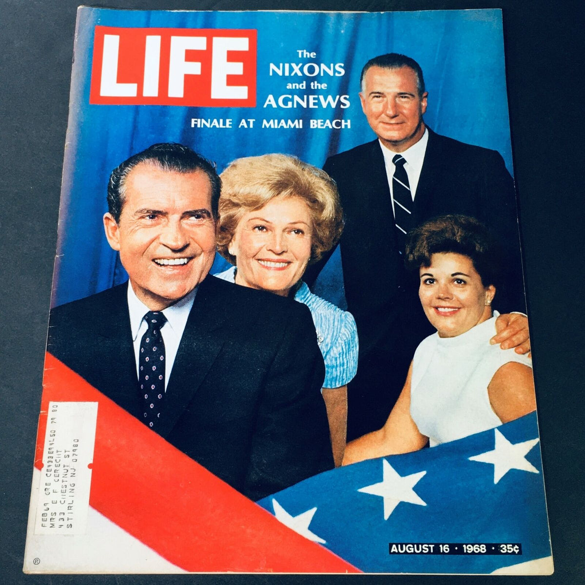 VTG Life Magazine cover from August 16, 1968 featuring The Nixon's and The Agnews at Miami Beach, showcasing a historic moment with iconic personalities of the era.