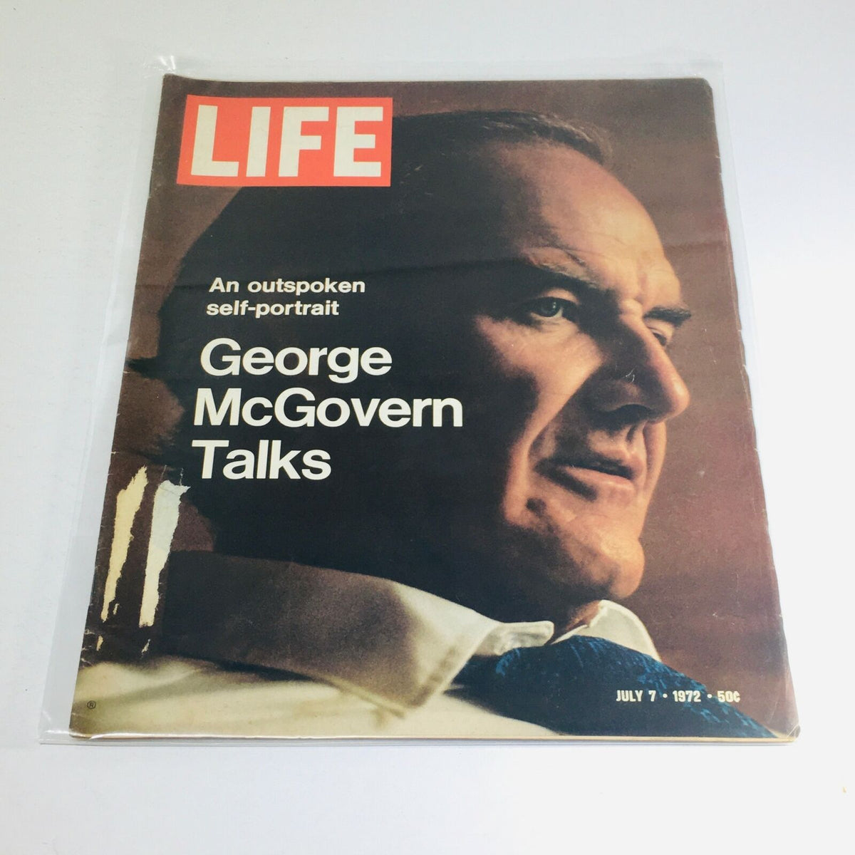Vintage Life Magazine cover from July 7, 1972, featuring the title 'Outspoken Self-Portrait of George McGovern Talks'. The cover shows a profile image of George McGovern, highlighting the magazine's focus on 1970s American politics.