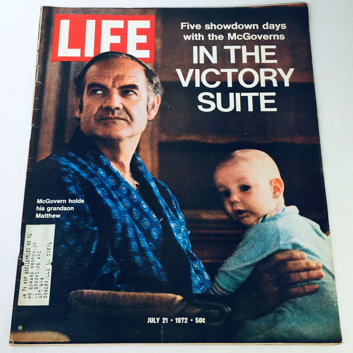 Vintage Life Magazine from July 21, 1972, featuring George McGovern with his grandson Matthew, showcasing a significant moment in American political history.